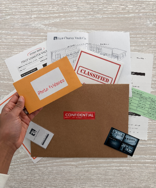 Collection of documents including a 'Confidential' folder and ' Classified' envelope on a wooden surface.
