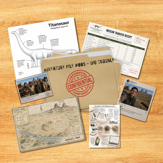 Kid Adventure Files Dig Trouble screen-free mystery game for kids ages 8–12 with dinosaur fossil clues, excavation maps, evidence and case documents