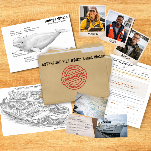 Kid Adventure Files Silent Water screen-free science mystery game for kids ages 8–12 with beluga whale clues, crew photos, maps, evidence and case documents