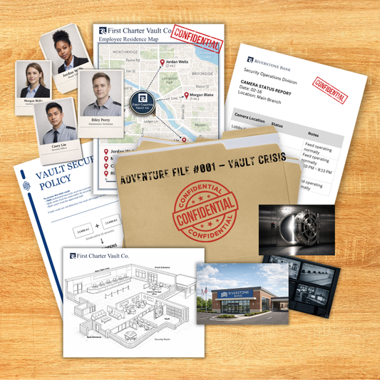 Kid Adventure Files Vault Crisis screen-free investigation mystery game for kids ages 8–12 with bank vault clues, suspect photos, maps and evidence.